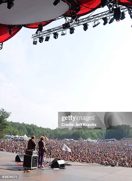 Mike Gordon and Trey Anastasio perform on the Odeum Stage during the Rothbury Music Festival 08 on July 6, 2008 in Rothbury, Michigan.