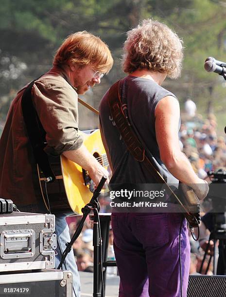Trey Anastasio and Mike Gordon perform on the Odeum Stage during the Rothbury Music Festival 08 on July 6, 2008 in Rothbury, Michigan.
