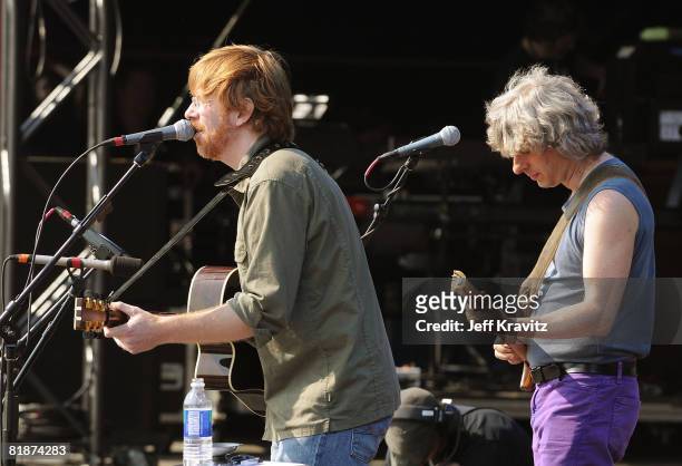 Trey Anastasio and Mike Gordon perform on the Ranch Sherwood Court Stage during the Rothbury Music Festival 08 on July 6, 2008 in Rothbury, Michigan.