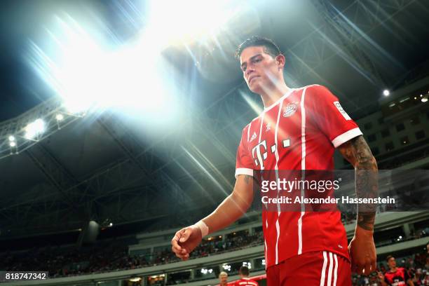 James Rodriguez of Bayern Muenchen enters the field of play for the Audi Football Summit 2017 match between Bayern Muenchen and Arsenal FC at...