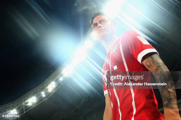 James Rodriguez of Bayern Muenchen enters the field of play for the Audi Football Summit 2017 match between Bayern Muenchen and Arsenal FC at...