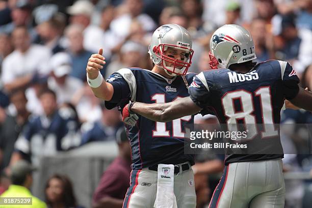 Football: New England Patriots QB Tom Brady and Randy Moss victorious on field during game vs Dallas Cowboys, Irving, TX