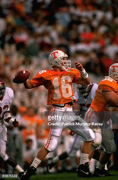 College Football: Tennessee QB Peyton Manning in action, making pass vs Alabama, Knoxville, TN