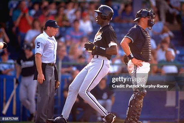 Minor League Baseball: Basketball player Birmingham Barons Michael Jordan in action, scoring run, Birmingham, AL 7/14/1994