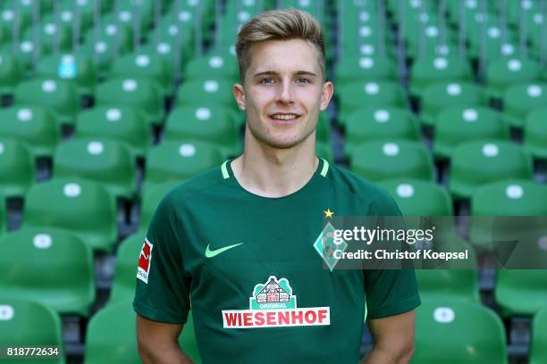 Johannes Eggestein of Werder Bremen poses during the team presentation at Weser Stadium on July 19, 2017 in Bremen, Germany.