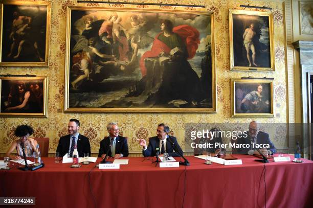 Mayor of Chicago Rahm Emanuel and Mayor of Milan Giuseppe Sala attend a press conference at Palazzo Marino during his visit on July 19, 2017 in...
