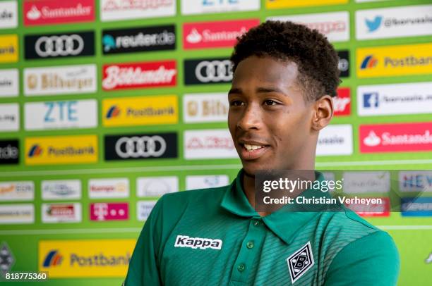 Reece Oxford of Borussia Moenchengladbach talks to the media after a training session at the Training Camp of Borussia Moenchengladbach on July 19,...