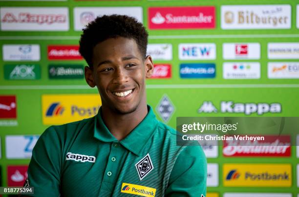 Reece Oxford of Borussia Moenchengladbach talks to the media after a training session at the Training Camp of Borussia Moenchengladbach on July 19,...