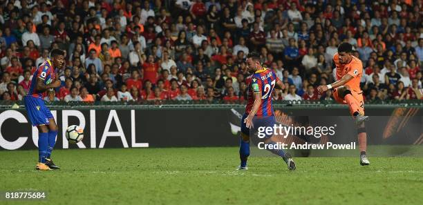 Dominic Solanke of Liverpool scores the opening goal during the Premier League Asia Trophy match between Liverpool FC and Crystal Palace on July 19,...