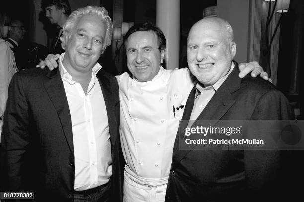 Aby Rosen, Daniel Boulud and Michael Lynne attend "BURGUNDY, BORDEAUX, BLUE JEANS & BLUES" A Casual Sunday Supper at DANIEL for the benefit of...