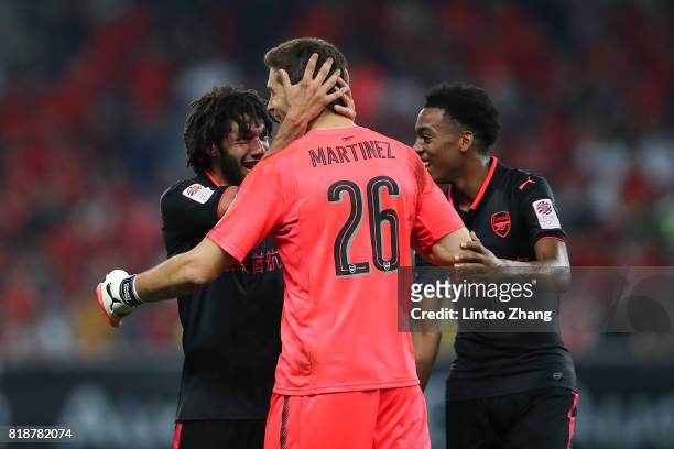 Team of Arsenal FC celebrates after win the 2017 International Champions Cup football match between FC Bayern and Arsenal FC at Shanghai Stadium on...