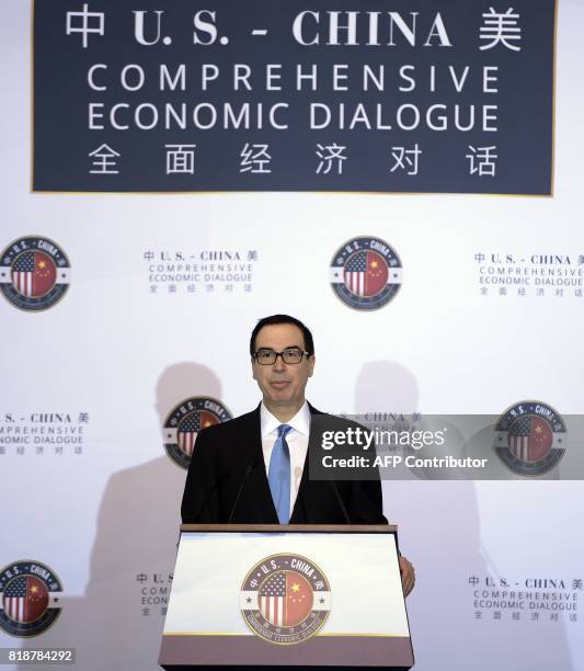 Treasury Secretary Steven Mnuchin speaks during a US and China comprehensive Economic Dialogue at the US Department of the Treasury on July 19, 2017...