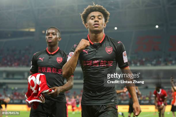 Reiss Nelson of Arsenal FC celebrates after win the 2017 International Champions Cup football match between FC Bayern and Arsenal FC at Shanghai...