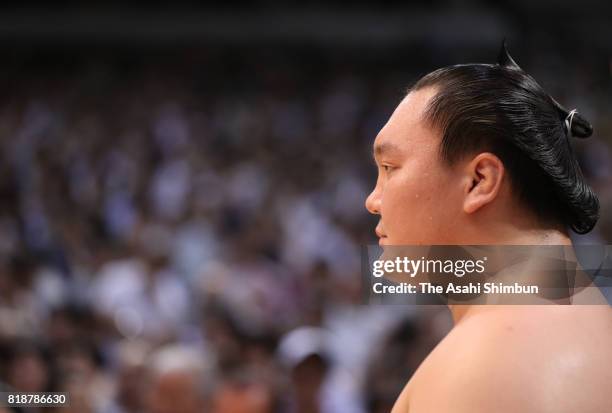 Mongolian yokozuna Hakuho looks on prior to his bout during day eleven of the Grand Sumo Nagoya Torunament at Aichi Prefecture Gymnasium on July 19,...