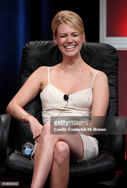 Actress January Jones of "Mad Men" speaks during day two of the AMC Channel 2008 Summer Television Critics Association Press Tour held at the Beverly...