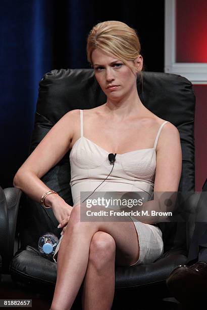 Actress January Jones of "Mad Men" speaks during day two of the AMC Channel 2008 Summer Television Critics Association Press Tour held at the Beverly...