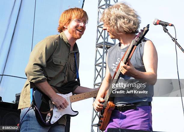 Trey Anastasio and Mike Gordon perform on the Ranch Sherwood Court Stage during the Rothbury Music Festival 08 on July 6, 2008 in Rothbury, Michigan.