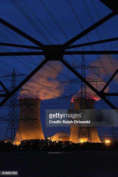 The Grafenrheinfeld nuclear power plant stands illumilated on July 9, 2008 in Grafenrheinfeld near Wuerzburg, Germany. Many German politicians are...