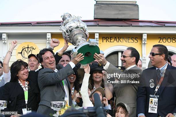 Horse Racing: Preakness Stakes, Big Brown owners Michael Ivarone and Richard J, Shiavo victorious with Woodlawn Vase trophy after winning race at...