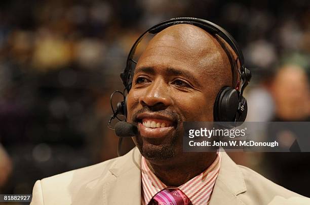 Basketball: NBA Playoffs, Closeup of TNT announcer Kenny Smith before Game 1 of San Antonio Spurs vs Los Angeles Lakers series, Los Angeles, CA...