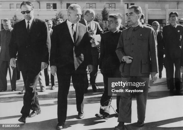 Zhou Enlai , Premier of the People's Republic of China, meets Russian statesman Alexei Kosygin at Peking Airport , 11th September 1969.