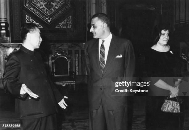 Zhou Enlai , Premier of the People's Republic of China, with Gamal Abdel Nasser, President of Egypt, and his wife Tahia Kazem in Cairo, circa 1965.