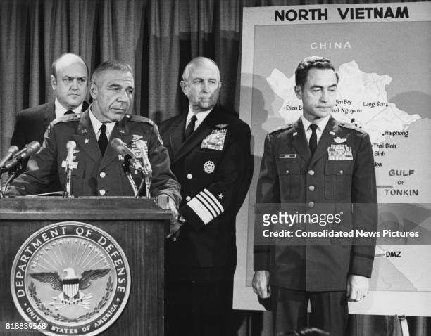 American Secretary of Defense Melvin Laird holds a Pentagon press conference regarding a planned rescue of US prisoners-of-war near Hanoi in Vietnam,...