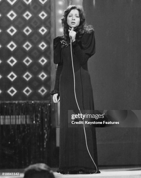 Singer Vicky Leandros wins for Luxemburg with the song 'Apres Toi', in the Eurovision Song Contest in Edinburgh, Scotland, 25th March 1972.