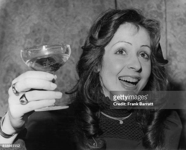 Singer Vicky Leandros celebrates her win for Luxemburg in the Eurovision Song Contest in Edinburgh, Scotland, 25th March 1972. The song was 'Apres...