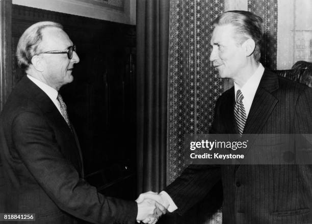Peter Carington, Lord Carrington , the British Foreign Secretary, meets Hungarian Prime Minister Gyorgy Lazar during a visit to Budapest, November...