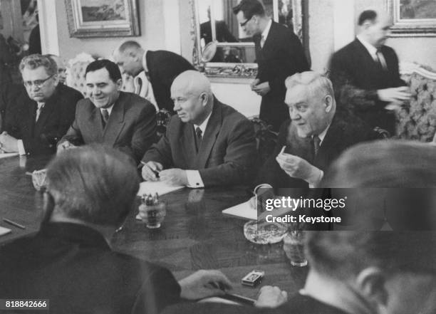 From left to right, Soviet statesmen Viktor Lebedev, Andrei Gromyko, Nikita Khrushchev and Nikolai Bulganin attend a conference in Helsinki, Finland,...