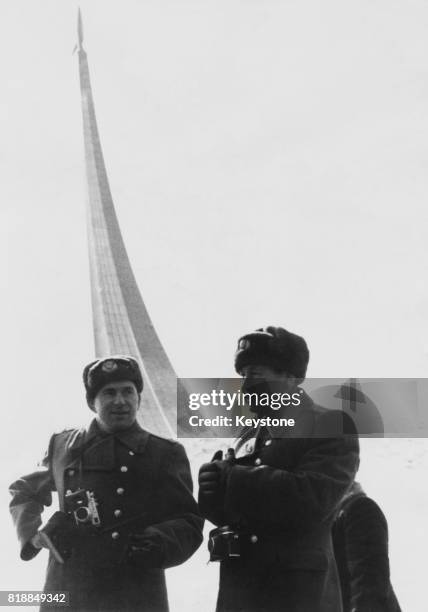 Soviet cosmonaut Colonel Pavel Belyayev with Colonel Alexey Leonov in Moscow, Russia, 1965. The two men carried out the Voskhod 2 space mission that...