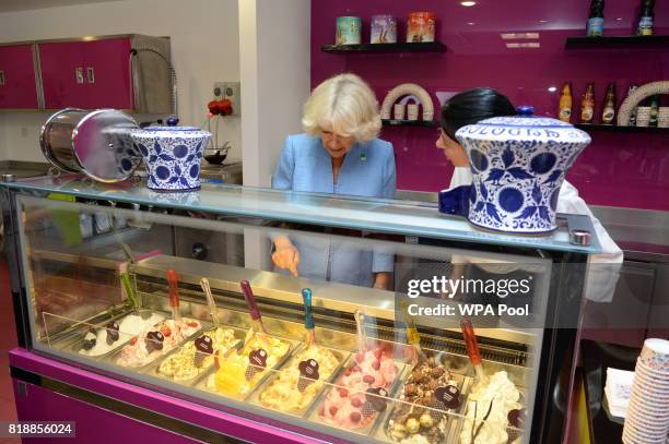 Camilla, Duchess of Cornwall looks at ice cream during a visit to Caterlink, in Bodmin, a Cornish business specialising in ice cream cones, toppings,...