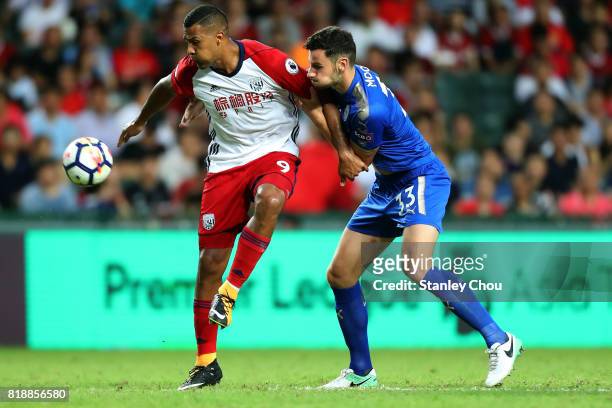 Elliott Moore of Leicester City battles with Salomon Rondon of West Bromwich during the Premier League Asia Trophy match between Leicester City and...