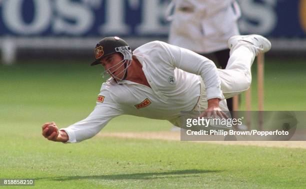 Australian substitute fielder Matthew Hayden takes the catch to dismiss England batsman Robin Smith for 5 runs in the 2nd innings of the 2nd Test...