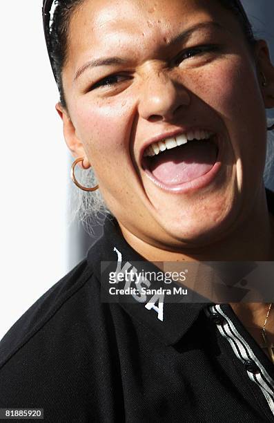 Champion shot putter Valerie Vili talks to the media during a press conference at the Mitsubishi Motors showroom on July 10, 2008 in Auckland, New...