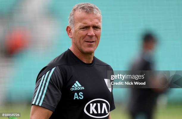 Alec Stewart of Surrey leads his teams warm-up during the Surrey v Essex - NatWest T20 Blast cricket match at the Kia Oval on July 19, 2017 in...