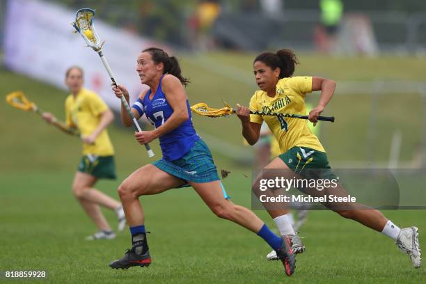 Ailsa Stott of Scotland is challenged by Stella Justice Allen of Australia during the quarter final match between Australia and Scotland during the...