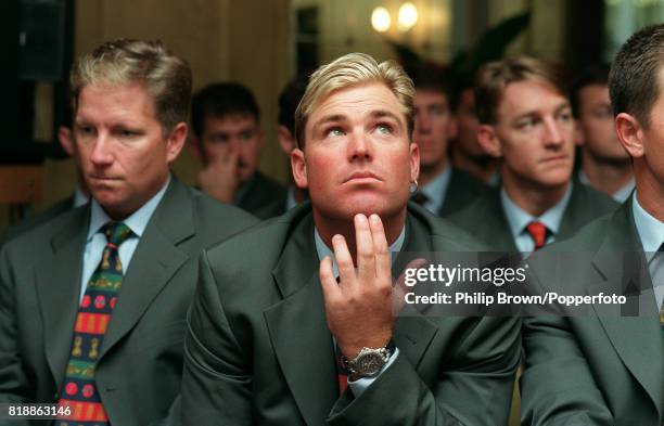 Shane Warne of Australia sits with the rest of the Australian team in the Westbury Hotel, London, at the start of the 1997 tour of England, 14th May...