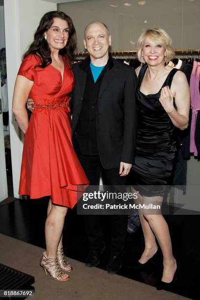 Brooke Shields, Charles Busch and Julie Halston attend ELIE TAHARI hosts the May Cast of 'Love, Loss and What I Wore" at Elie Tahari Soho on April...