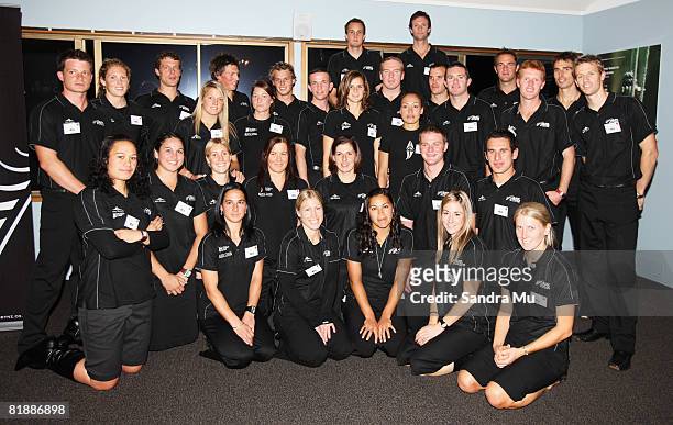 Members of the New Zealand Men's and Women's Black Sticks teams gather for a photo at a farewell function before leaving for the 2008 Beijing...