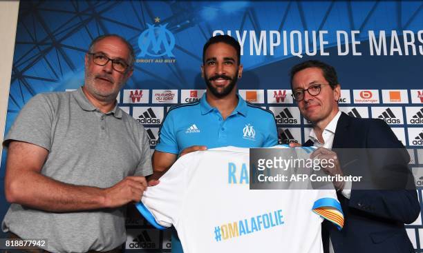 Olympique de Marseille's spanish sporting director Andoni Zubizarreta and Olympique de Marseille's President Jacques-Henri Eyraud pose with Olympique...
