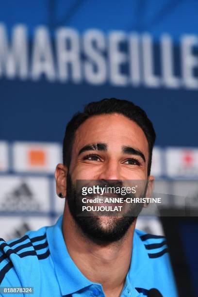 Olympique de Marseille's new French defender Adil Rami attends a press conference on July 19 in Marseille, southeastern France, following his...