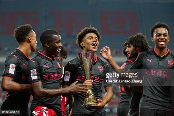 Players of Arsenal celebrate winning the the 2017 International Champions Cup football match between FC Bayern and Arsenal FC at Shanghai Stadium on...