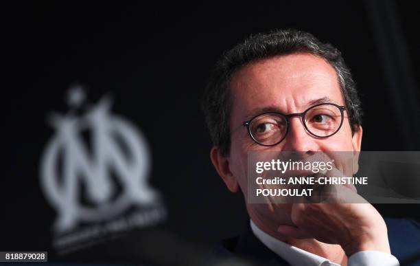 Olympique de Marseille's President Jacques-Henri Eyraud attends a press conference on July 19 in Marseille, southeastern France. - Marseille's...