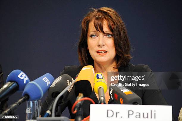 Gabriele Pauli, election candidate of Bavarian party 'Freie Waehler', adresses the media during a press conference to announce the kick-off to the...