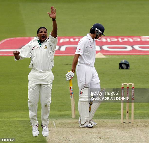 South Africa's fast bowler Makhaya Ntini appeals for the wicket of England's batsman Alastair Cook during the 1st Npower Test Match at Lords Cricket...