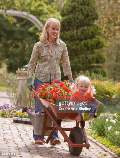 young girl and grandmother gardening - wheelbarrow ride stock pictures, royalty-free photos & images