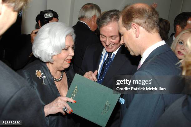 Suzanne von Liebig, Geoffrey Bradfield and HRH Prince Edward attend Geoffrey Bradfield's Reception for HRH The Prince Edward and the Duke of...