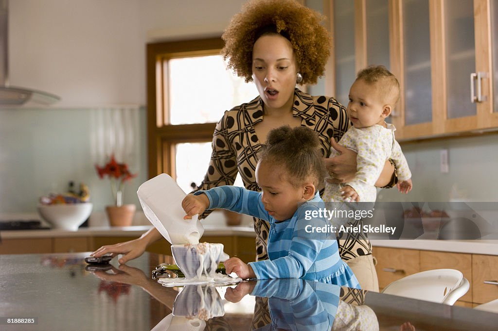 Single Mother Getting Kids Ready in the Morning.